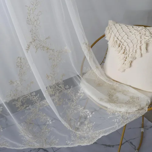 Miniatura 5 de Amidoudou 1 par de cortinas de tul bordadas de lujo para sala de estar, boda, cortinas transparentes con flores doradas 3D (blanco, 51 x 84 pulgadas)
