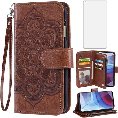 Asuwish Funda de teléfono para Moto G Power 2021 con protector de pantalla de vidrio templado y tarjetero de cuero con diseño de flores, soporte