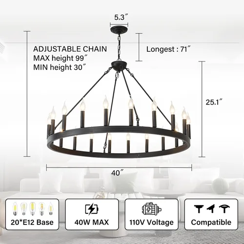 Miniatura 2 de Candelabro de rueda de vagón negro de 40 pulgadas, candelabros de rueda de vagón de granja de 20 luces, candelabros redondos industriales de techo