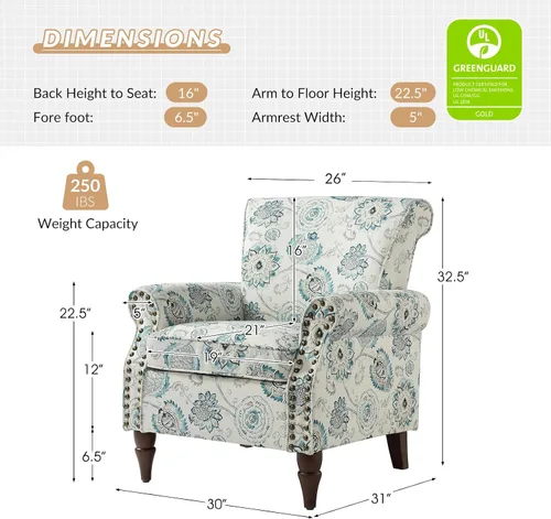 Miniatura 2 de HULALA HOME Silla moderna con respaldo de alas con patas de madera y cojín extraíble, cómodo sillón tapizado con ribete de cabeza de clavo, sofá