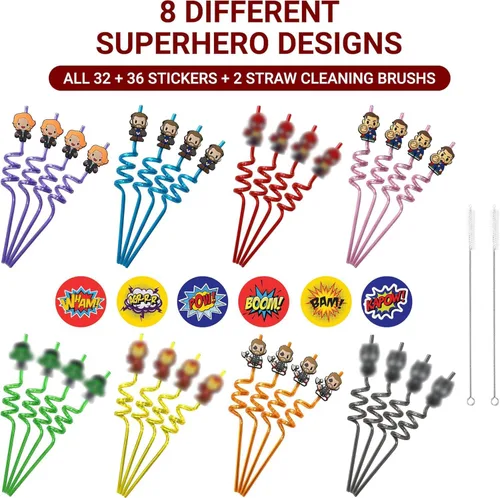 Miniatura 3 de 32 popotes de superhéroes para recuerdos de fiesta, popotes reutilizables con 8 diseños, 36 calcomanías + 2 cepillos. Perfecto para suministros