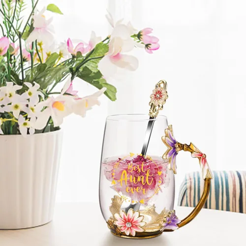 Miniatura 3 de OEAGO Regalos para tía de sobrina y sobrino Taza de té Regalo genial de cumpleaños Esmalte Flores Vasos de vidrio Tazas de Navidad Día de las Madres