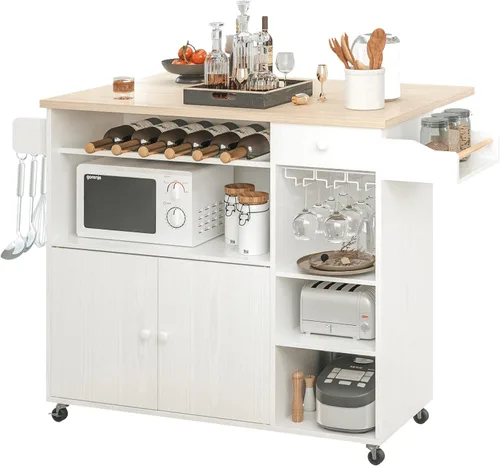 Miniatura 10 de IRONCK Carrito de isla de cocina rodante con hojas caídas y estante para vino, carrito de servir con ruedas para microondas con cajón y estantes
