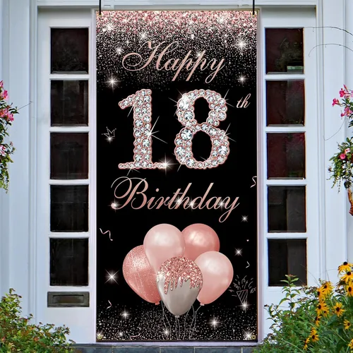Cartel de fondo para puerta de 18 años, color oro rosa, decoraciones de cumpleaños 18 para niñas, fiesta de cumpleaños de 18 años, letrero de patio,