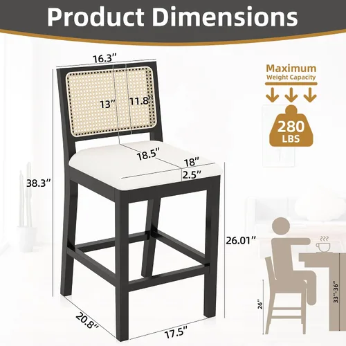 Miniatura 3 de Westice Juego de 2 taburetes de bar de ratán, taburetes de altura de mostrador de granja de 26 pulgadas con respaldo de caña y marco de madera