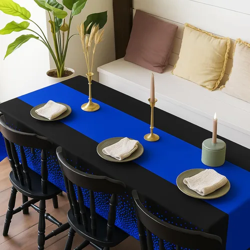 Miniatura 4 de Manteles de plástico desechables 2 en 1 de 54 x 108 pulgadas, mantel rectangular de cocina con lunares negros y azules, para boda, cumpleaños, baby