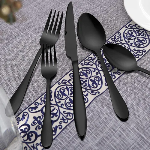 Miniatura 4 de LIANYU Juego de cubiertos negros de 40 piezas para 8, cubiertos de acero inoxidable, utensilios de cocina que incluyen tenedores, cuchillos