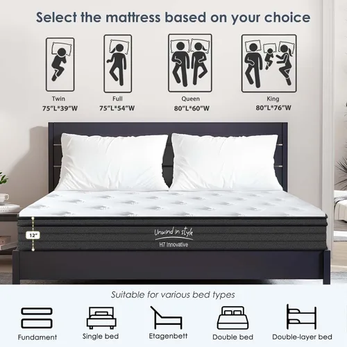 Miniatura 5 de Colchón híbrido tamaño matrimonial, colchón híbrido de 8 pulgadas en una caja, espuma viscoelástica y resortes individuales embolsados, resortes