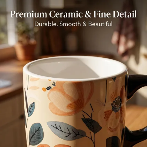 Miniatura 4 de Taza de café de viaje de cerámica con tapa para el hogar y la oficina, taza de té alta de porcelana de 17 onzas con mango de arte floral en caja