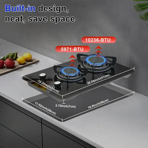 Miniatura 2 de encimera de gas de 30 cm (12 pulgadas), 2 quemadores, cocina de propano incorporada, encimera de cocina interior adecuada para combustible dual