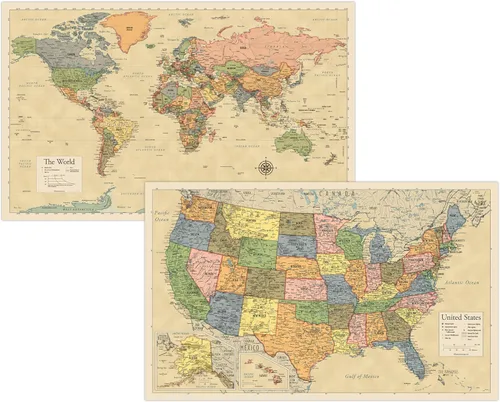 Miniatura 8 de Paquete de 2 pósteres de mapa del mundo y gráfico de mapa de Estados Unidos [bronceado/color] (laminado, 18 x 29 pulgadas)