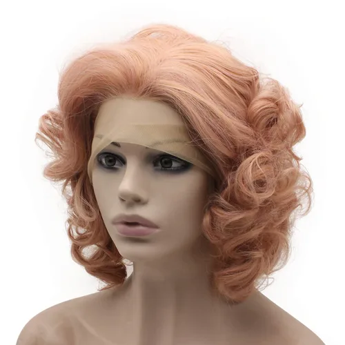 Miniatura 5 de MX angel Pelo sintético rizado corto de la fibra de la peluca rosa del frente del cordón del pelo sintético