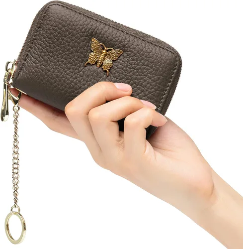 Miniatura 7 de imeetu Portatarjetas de crédito RFID para mujer, pequeña cartera de cuero con cremallera con llavero extraíble, Gris topo, S, Cartera para tarjetas