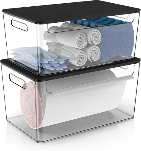 Miniatura 8 de COAZEX Paquete de 2 soportes para bolsas de basura apilables debajo del fregadero, dispensador de basura de plástico con tapa, dispensador