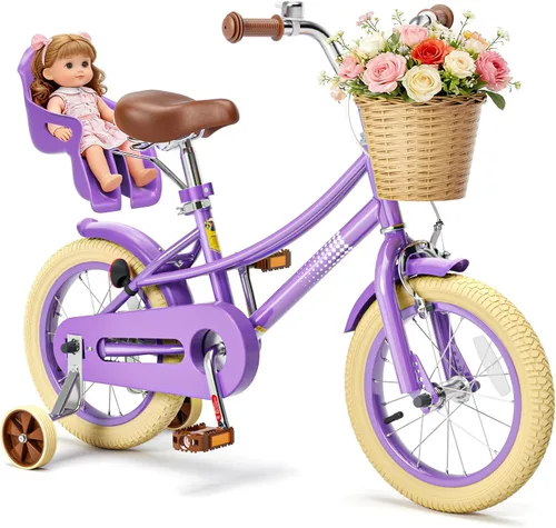 Miniatura 25 de Glaf Bicicleta para niñas de 12, 14, 16, 20 pulgadas, con ruedas de entrenamiento para niños de 2 a 12 años, bicicleta con cesta y asiento