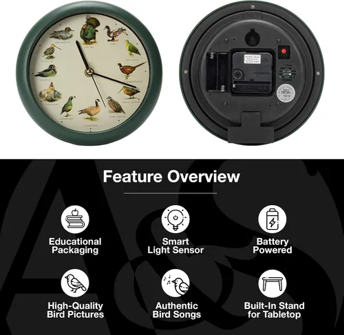Miniatura 4 de Mark Feldstein, reloj cantando aves de caza salvaje de América del Norte, 8 pulgadas, verde