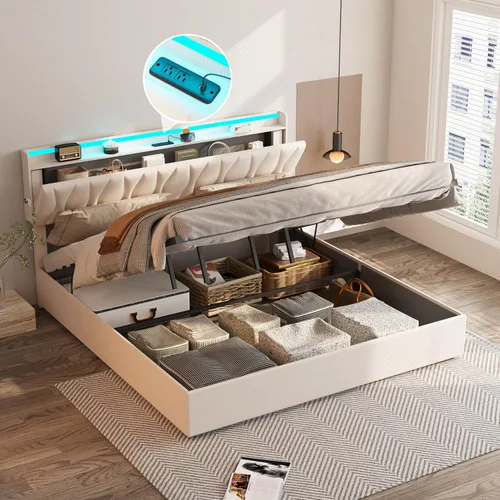 Miniatura 17 de Fameill Marco de Cama Twin con Almacenamiento Elevable, Cabecera Ajustable, Estación de Carga, Luces LED, Listones de Madera, Sin Ruido, No Requiere