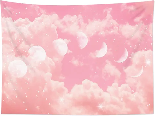 Miniatura 5 de LB Tapiz de fase lunar de nube rosa, nube pastel rosa y blanca con fase lunar para dormitorio, tapiz colgante de pared de paisaje natural, arte