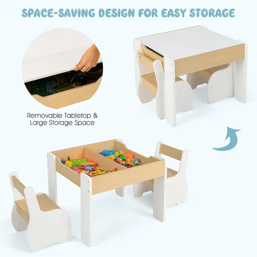 Miniatura 4 de INFANS Juego de mesa y silla para niños 3 en 1, mesa multiactividad de madera con almacenamiento removible en la parte superior, pizarra desmontable