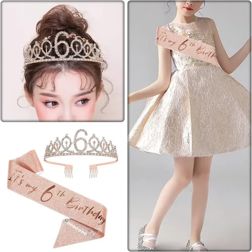 Miniatura 6 de Juego de banda y tiara de 6º cumpleaños, corona de banda de cumpleaños de oro rosa, suministros para fiesta de cumpleaños
