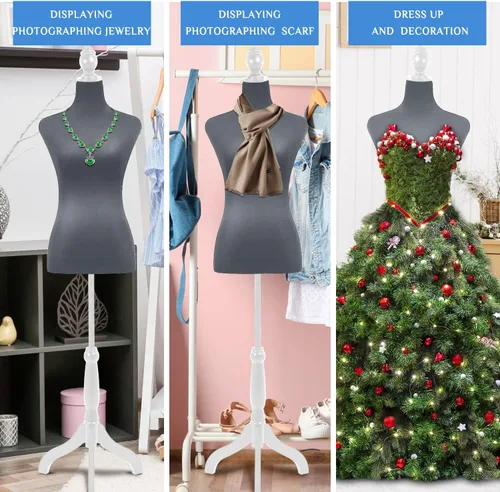 Miniatura 7 de Maniquí de costura de cuerpo femenino con soporte de 50 a 63 pulgadas, maniquí ajustable portátil para exhibición de ropa, base de trípode