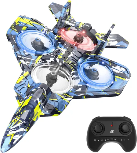 BEZGAR Avión RC, avión de control remoto de espuma, dron para niños, avión RC para niños y niñas, helicóptero avión de combate con luces LED, Azul