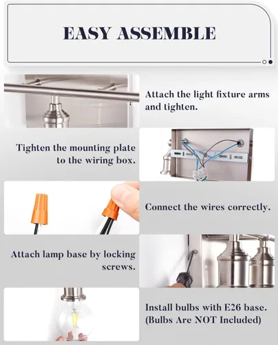 Miniatura 7 de Lámpara de tocador de 3 luces, moderna lámpara de pared de níquel cepillado, iluminación industrial de pared de tocador de baño para espejo, base