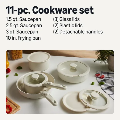 Miniatura 2 de Amazon Basics Juego de utensilios de cocina antiadherentes de cerámica con asas desmontables, 11 piezas apilables, aptos para todas las placas