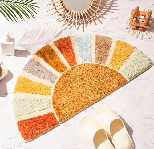Sunrise - Alfombras de baño bohemias, tapete de baño de medio círculo, lindo tapete de baño de sol, decoración de baño retro bohemio para el hogar,