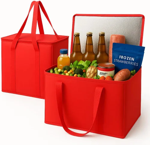 musbus - Paquete de 2 bolsas de compra aislantes XL, rojas, reutilizables, de alta resistencia, con cierre, plegables, para compras, para coche, de