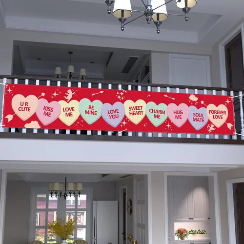 Miniatura 7 de Cartel del día de San Valentín de 120 x 20 pulgadas, decoración al aire libre, letrero de San Valentín, corazones rosados, gnomos, suministros