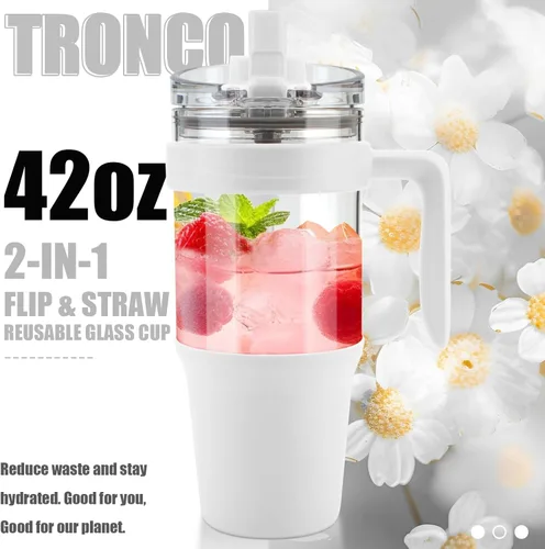 Miniatura 2 de Tronco Vaso de vidrio de 40 onzas con popote y tapa, popote abatible a prueba de fugas, taza de café helado reutilizable con asa, botellas de agua