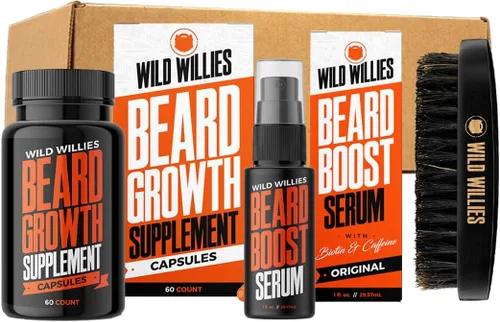 Wild Willies Kit de crecimiento de barba todo en uno, incluye aceite de suero para aumentar la barba y suplemento para el crecimiento, cepillo de