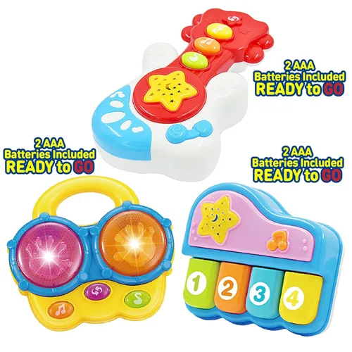 Miniatura 2 de WEofferwhatYOUwant Juego de instrumentos musicales para bebés – Piano, batería Bongo y guitarra – Proyector de juguetes iluminados para bebés de 6
