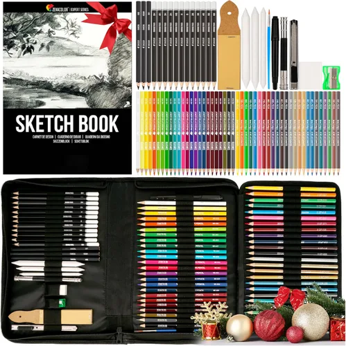 Zenacolor Paquete de 74 kits de dibujo con lápices de dibujo, juego de dibujo para bocetos, suministros de arte de bocetos profesionales con