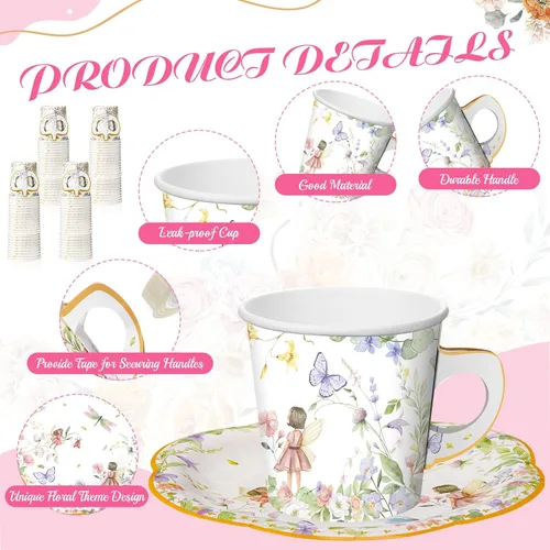 Miniatura 3 de Umigy 60 juegos de decoraciones para fiestas de té, 6.5 onzas, tazas de té de papel floral de hadas con asa y platos, juegos de tazas de té y Azul