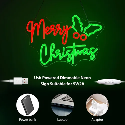 Miniatura 6 de Letrero de neón de Holly Berry, Navidad Feliz, luces LED rojas y verdes para decoración de pared, alimentado por USB, luces iluminadas