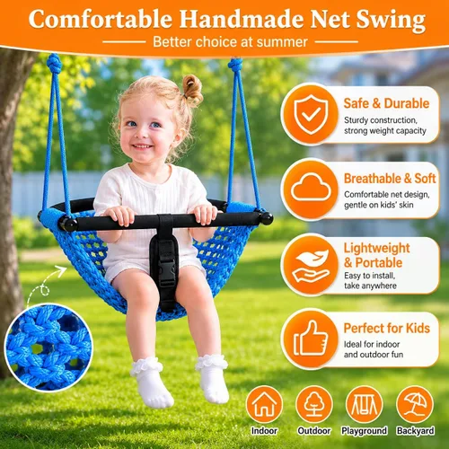 Miniatura 6 de Columpio para niños, hecho a mano, de red, con cuerda ajustable, columpios de árbol para niños, patio trasero, patio trasero, columpios para Azul