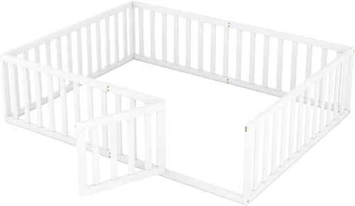 Miniatura 4 de Cama de plataforma tamaño Queen con valla, marco de cama de piso de madera maciza con puerta, marco de sofá cama tamaño Queen, color blanco