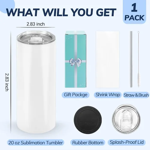 Miniatura 2 de D·S 1 Paquete Vasos Tumbler de Sublimación 20 oz Delgados Rectos Fondo Plano en Blanco con Caja de Regalo Individual para Transferencia de Calor