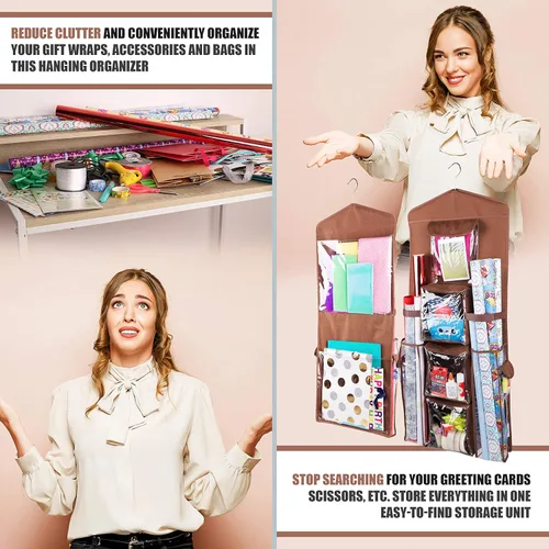 Miniatura 6 de Bolsa de regalo colgante de doble cara y organizador de papel de regalo (marrón)