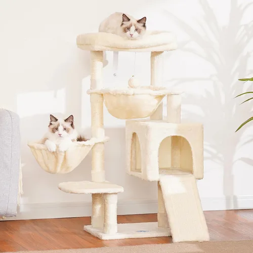 Miniatura 2 de Hey-brother Árbol para gatos, torre para gatos de interior, casa para gatos con cama acolchada grande, acogedor condominio, hamacas, postes Beige
