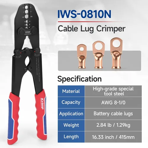 Miniatura 2 de Herramienta de engarzado de lengüetas de cable de batería iCrimp para lengüetas de cobre AWG 8-1/0, extremos de alambre resistentes