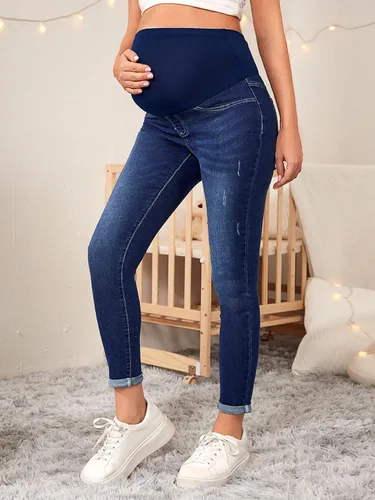 Miniatura 5 de Floerns Pantalones de mezclilla de maternidad de cintura alta con dobladillo rasgado, con bolsillo para mujer