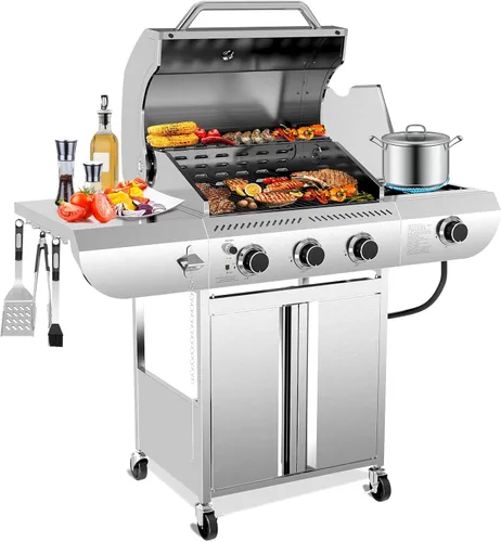 Miniatura 10 de Electactic Parrilla de gas propano de 2 quemadores, parrilla de barbacoa de acero inoxidable de 16,000 BTU con mesas laterales plegables, diseño