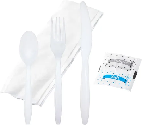 Juego de cubiertos de peso pesado envasados individualmente en blanco, cubiertos de plástico fuerte y resistente, cuchillo, cuchara, tenedor con