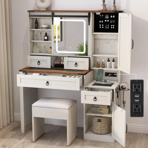 Farmhouse Makeup Vanity Desk with Sliding Mirror and Lights, 42 Wood Vanity Table Set with Glass Top, Power Outlets, Jewelry Storage Cabinet, 4