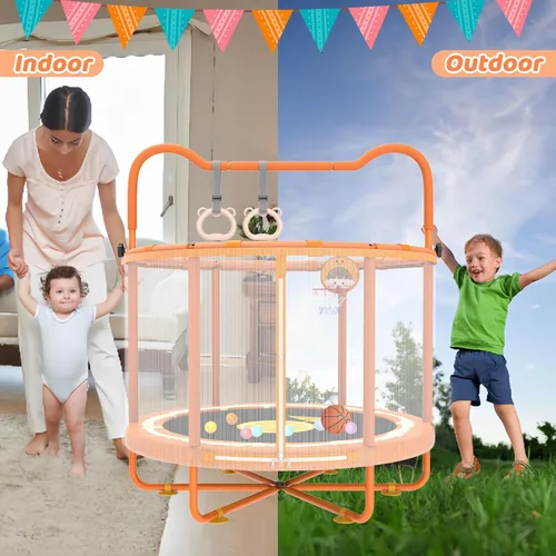 Miniatura 5 de Gardenature Trampolín para Niños de 60" Interior, Mini Trampolín para Niños Pequeños de 5 pies con Aro de Baloncesto, Barra de Gimnasia, Anillos