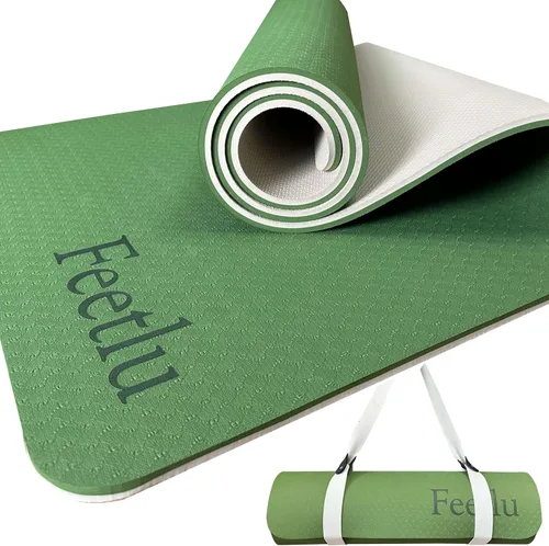 Tapete de yoga para ejercicios extra grueso con correa - 2/5 pulgadas (10 mm), tapete antideslizante para entrenamiento de yoga, pilates y Verde y