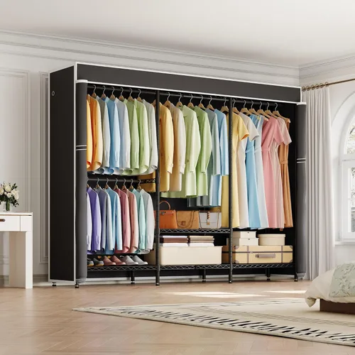 Miniatura 6 de Higeego H8 Perchero con Cubierta, Armario Portátil para Colgar Ropa, Perchero de Ropa Resistente Organizador y Almacenamiento de Armario, Estante
